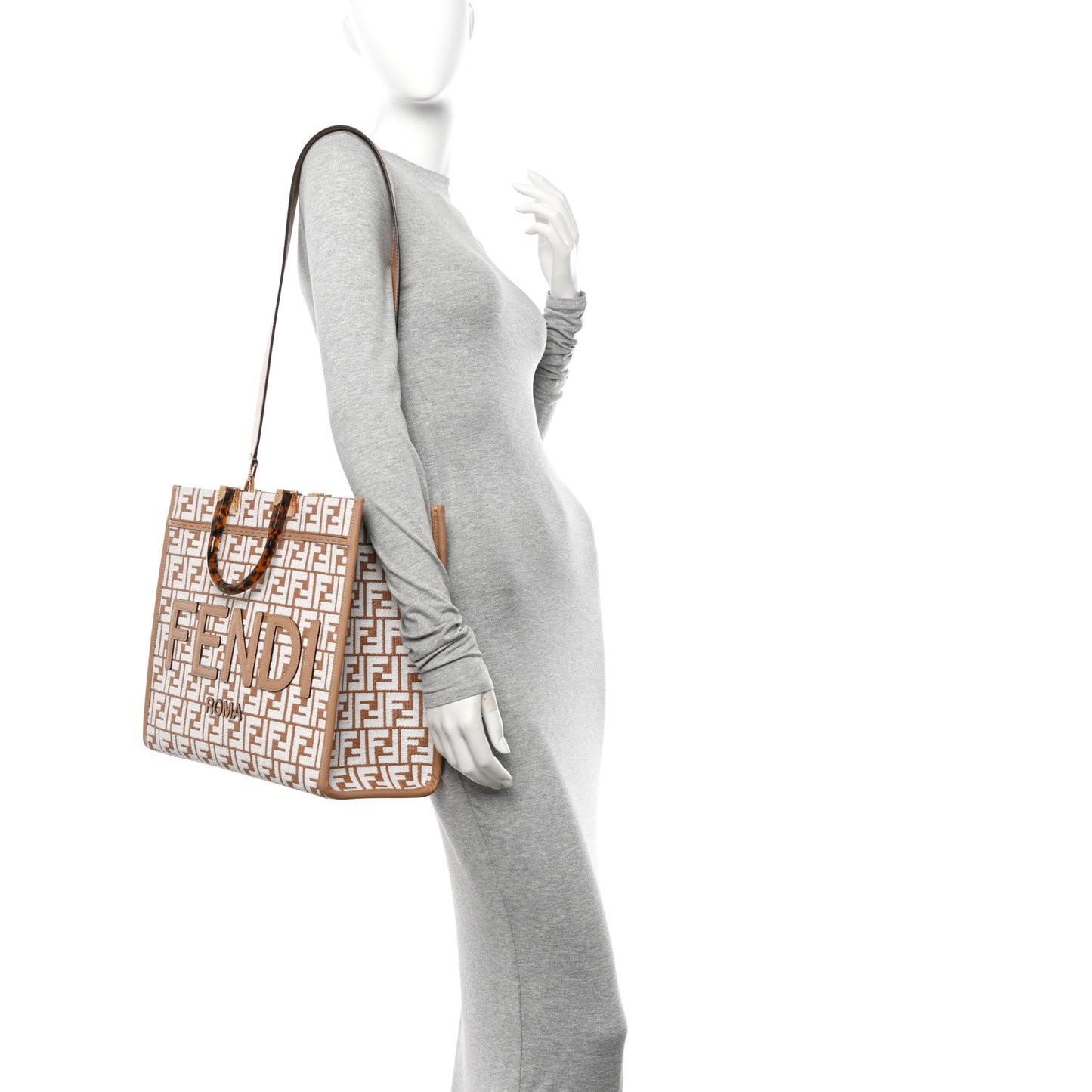 Woven Fabric Calfskin FF Medium Fendi Sunshine Shopper Tote Natural White Dark Honey