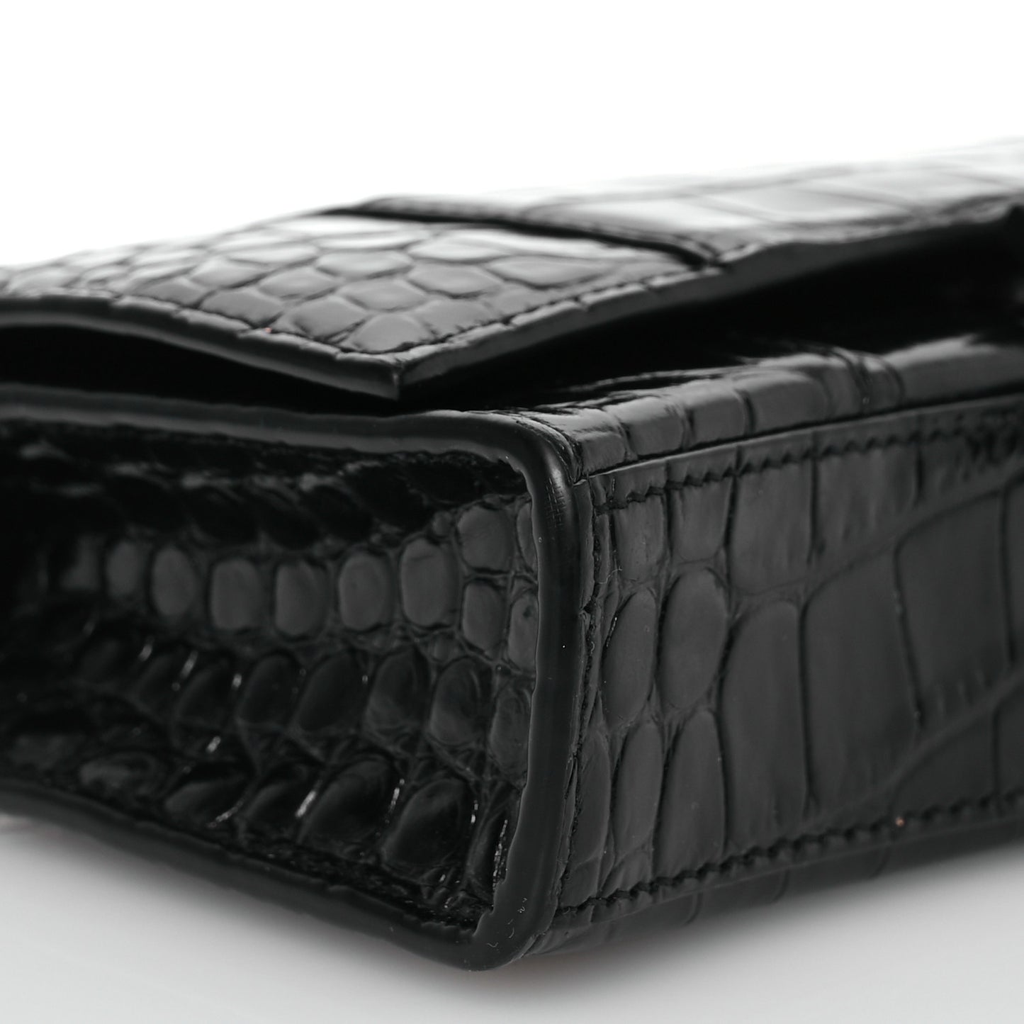 Shiny Calfskin Monochrome Crocodile Embossed Hourglass Chain Bag Black