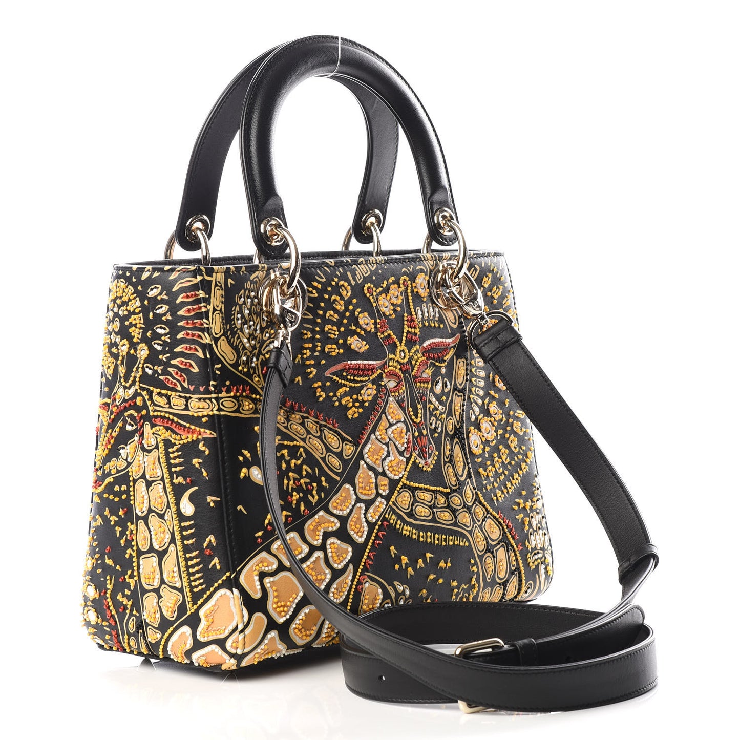 Smooth Calfskin Embroidered Animals Medium Lady Dior Black Multicolor