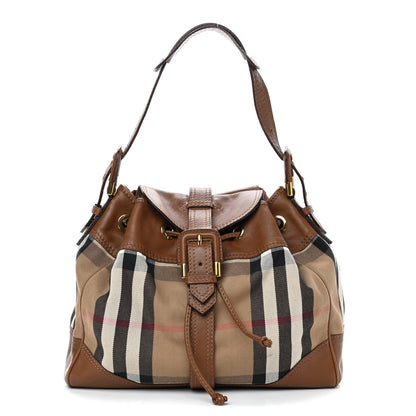 Burberry Calfskin Check Drawstring Shoulder Bag Brown 1 of 8
