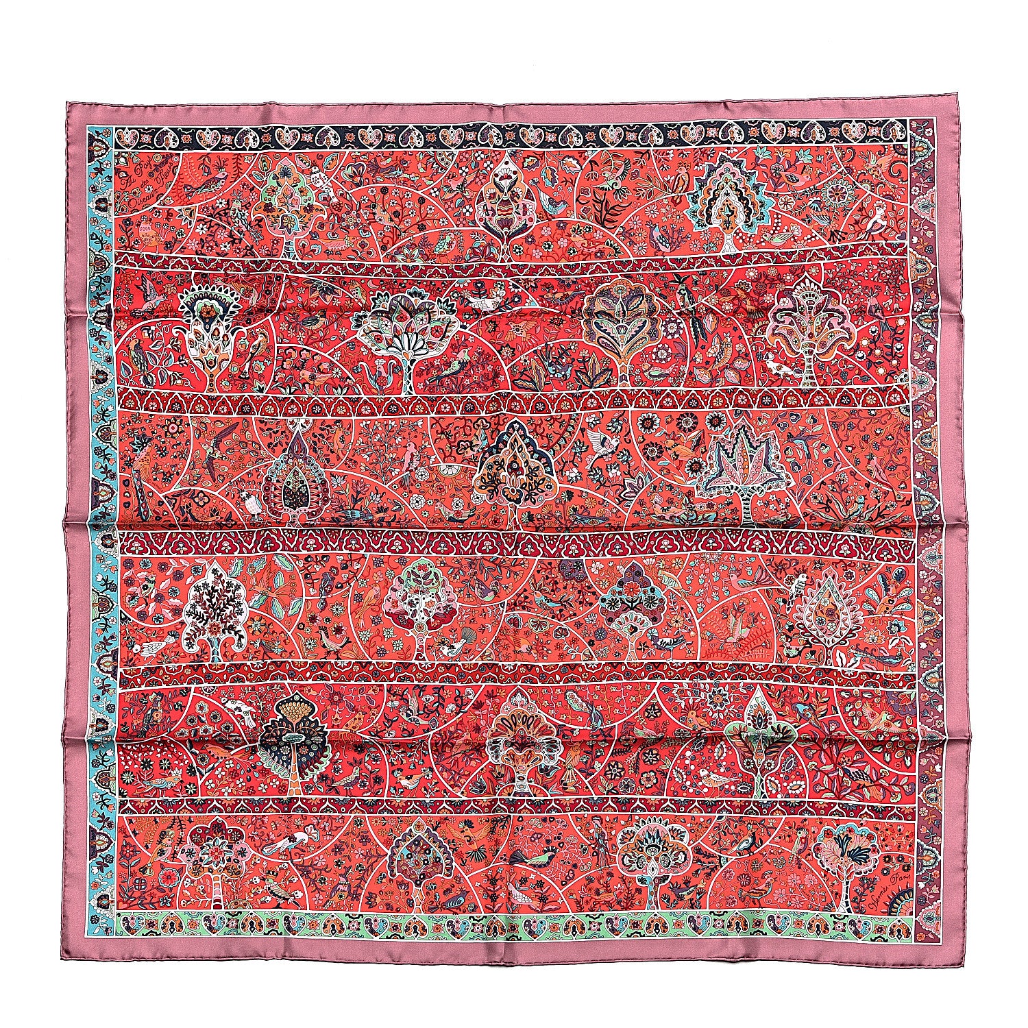 Hermes Silk Au Pays Des Oiseaux Fleurs Scarf 90 Vieux Rose Framboise Vert 1 of 4