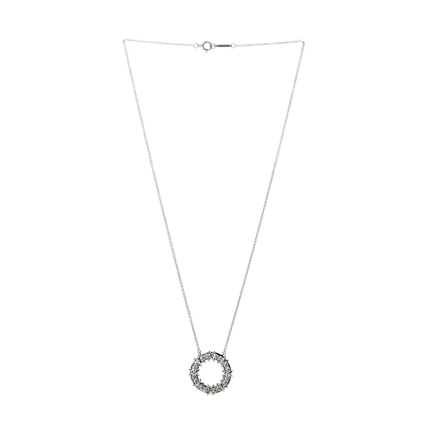 18K Yellow Gold Platinum Diamond Schlumberger Sixteen Stone Circle Pendant Necklace