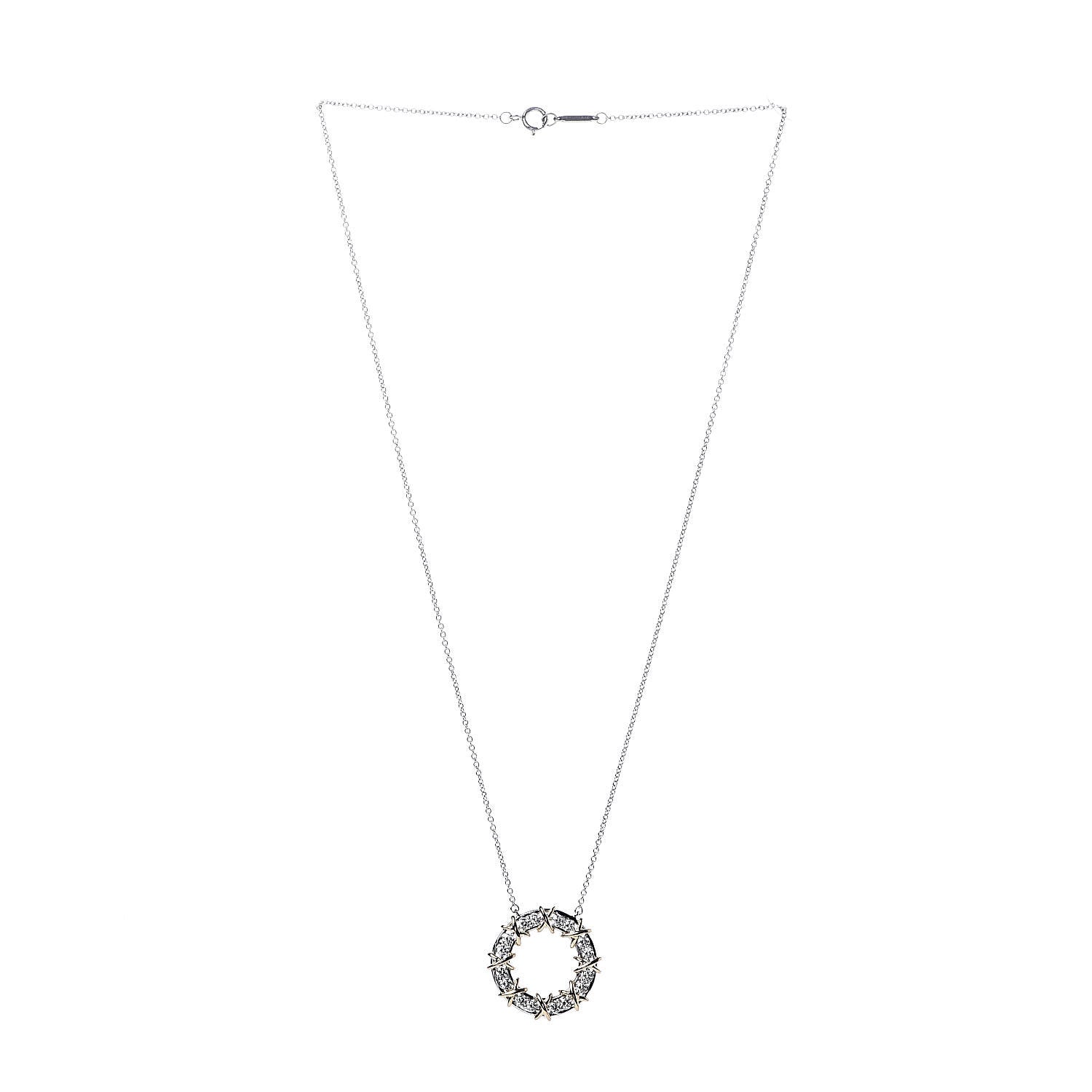 Tiffany 18K Yellow Gold Platinum Diamond Schlumberger Sixteen Stone Circle Pendant Necklace 3 of 5
