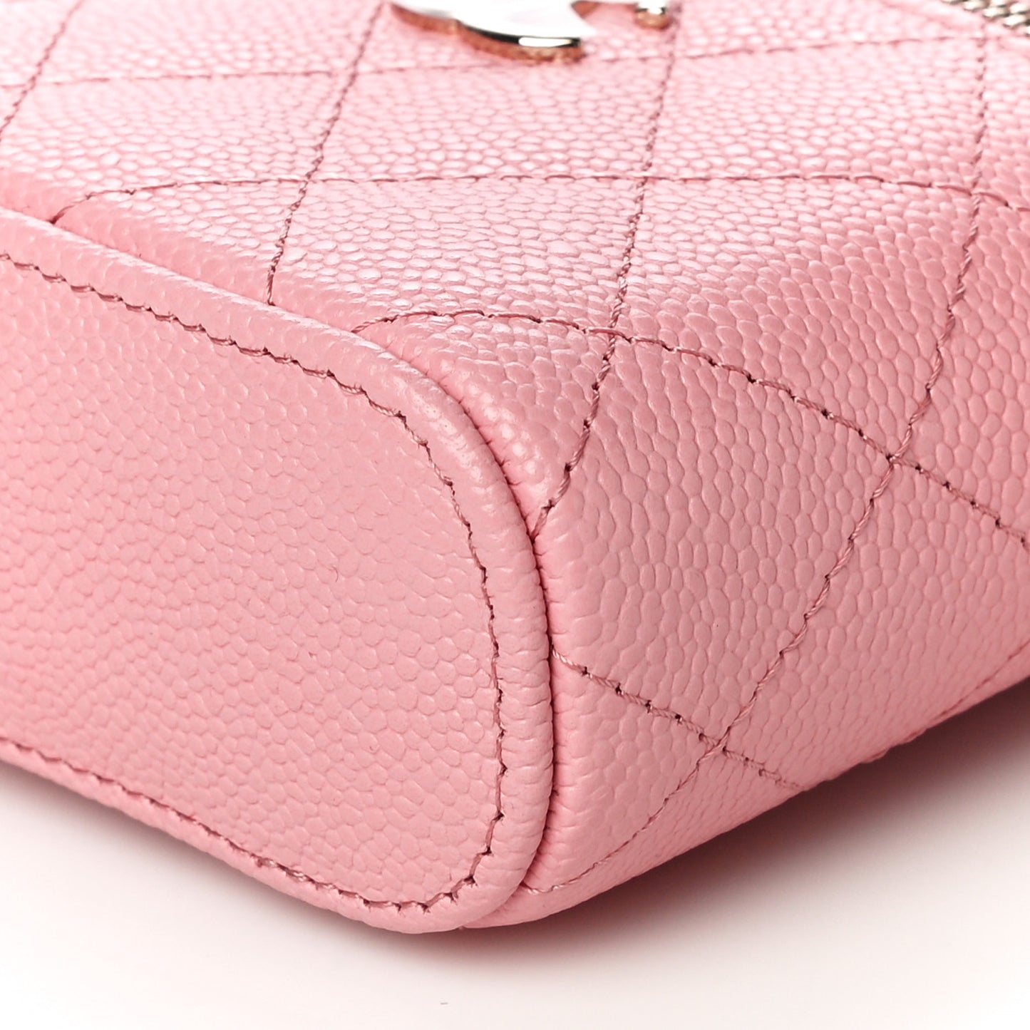 Caviar Quilted Small Handle With Care Vanity Case With Chain Pink
