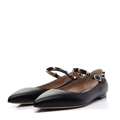 Valentino Garavani Pebbled Calfskin Rockstud Ankle Strap Ballerina Flats 38 Black 4 of 14