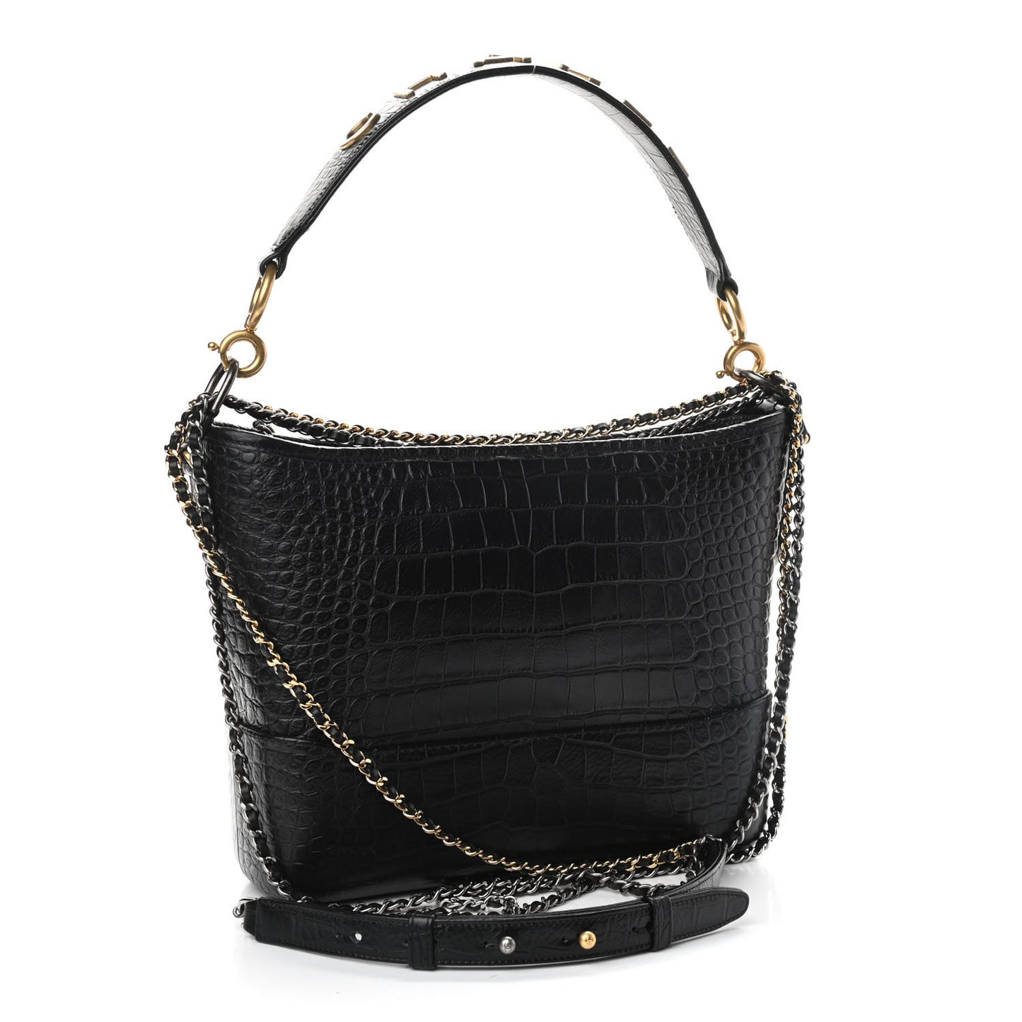 Crocodile Embossed Calfskin Medium Gabrielle Cocodile Hobo Black