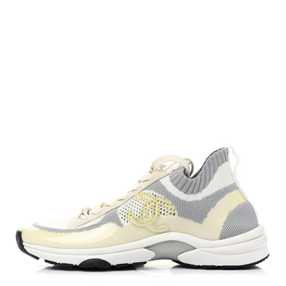 Chanel Fabric Suede Calfskin Stretch CC Sneakers 38 White Grey 1 of 8