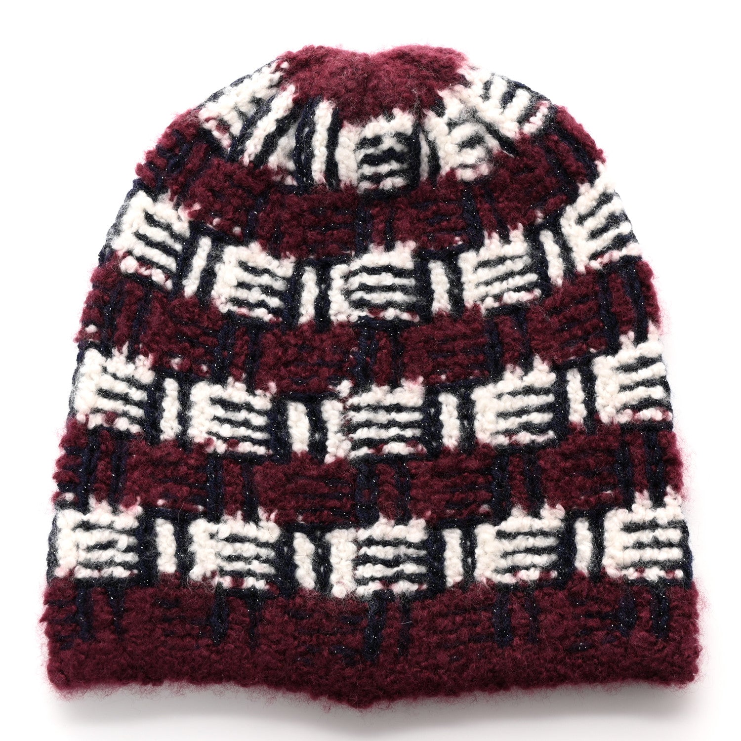 Chanel Cashmere Silk Glitter Logo Beanie Hat Burgundy Navy White 3 of 6
