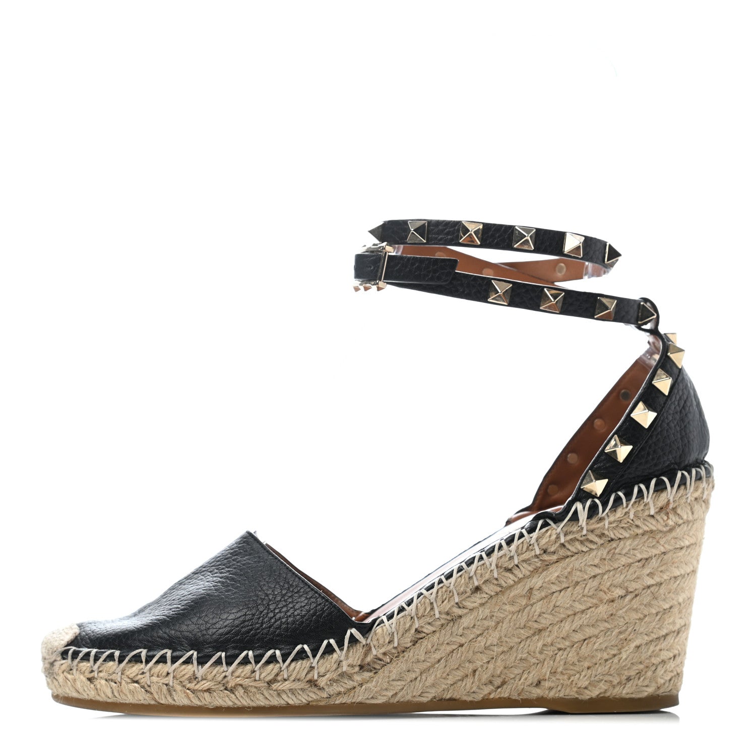 Valentino Garavani Grained Calfskin Rockstud Ankle Wrap Espadrille 15/85mm Wedges 39 Black Light Cuir 1 of 6