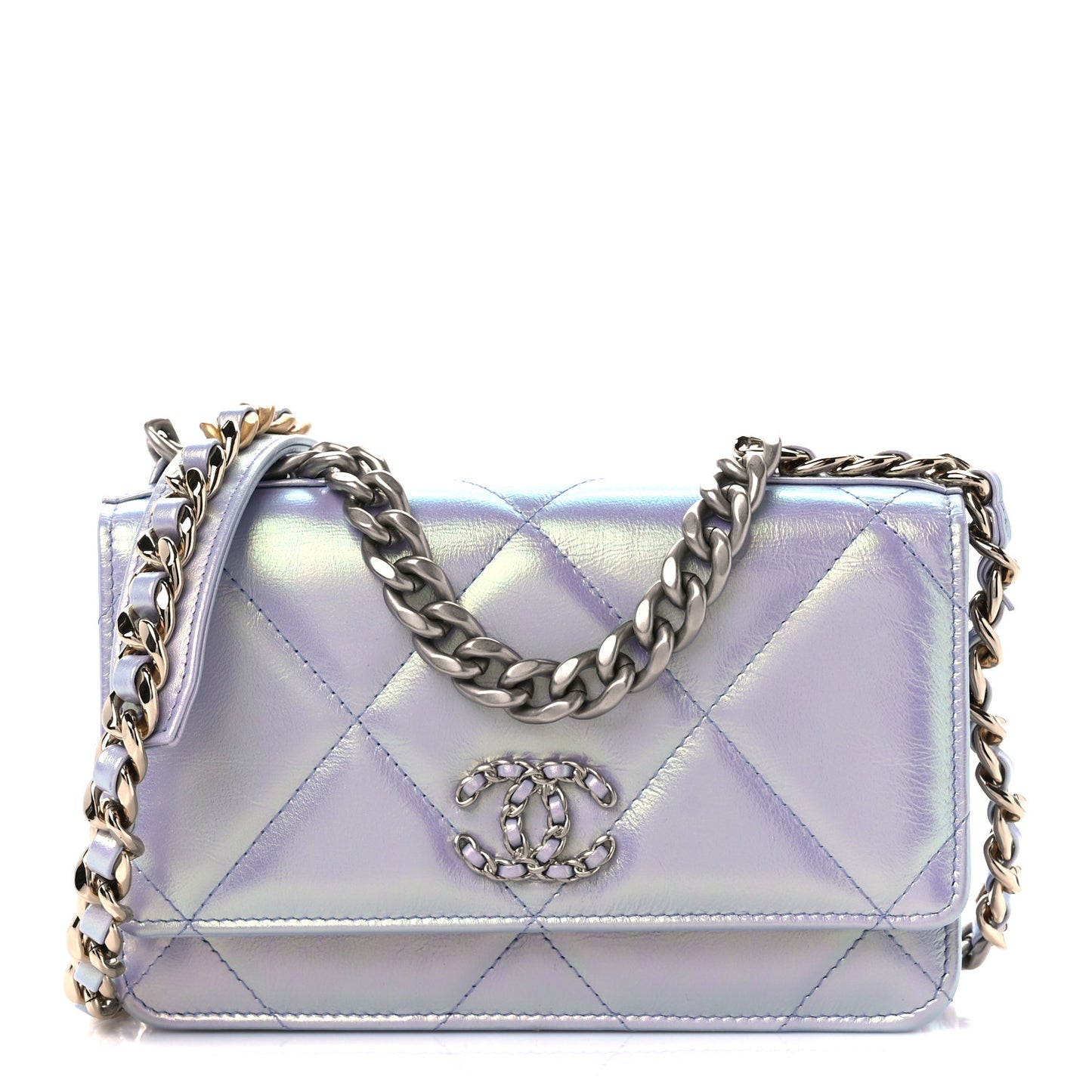 Iridescent Calfskin Quilted Chanel 19 Wallet On Chain WOC Light Purple