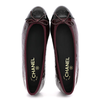 Chanel Patent Calfskin Crocodile Embossed Cap Toe CC Ballerina Flats 37.5 Dark Burgundy Black 2 of 10