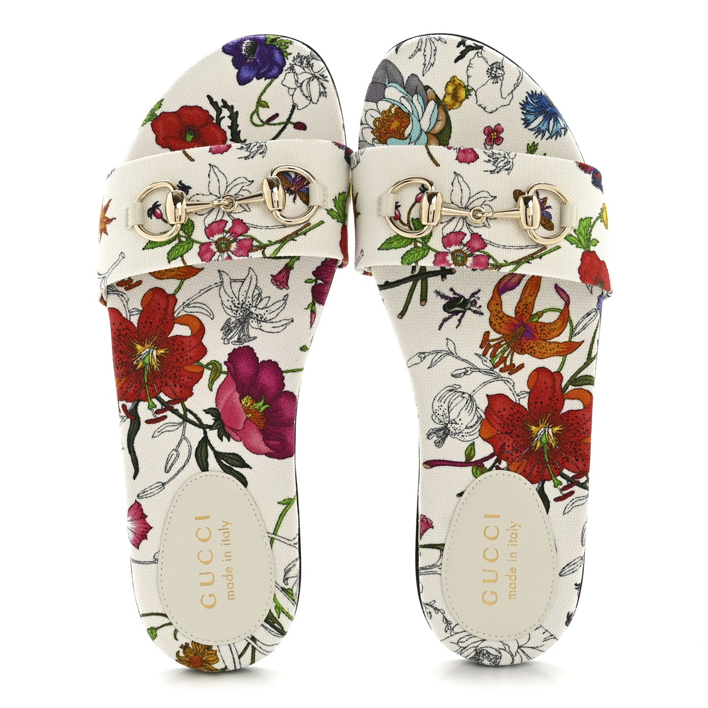 Canvas Flora Print Horsebit Slide Sandals 37 White