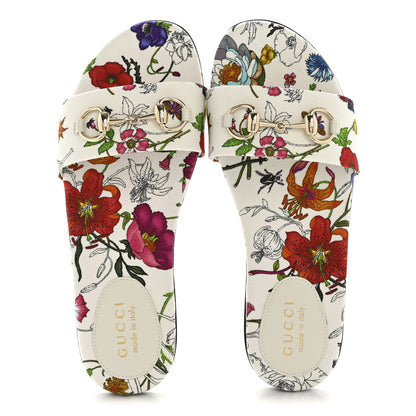 Gucci Canvas Flora Print Horsebit Slide Sandals 37 White 2 of 9