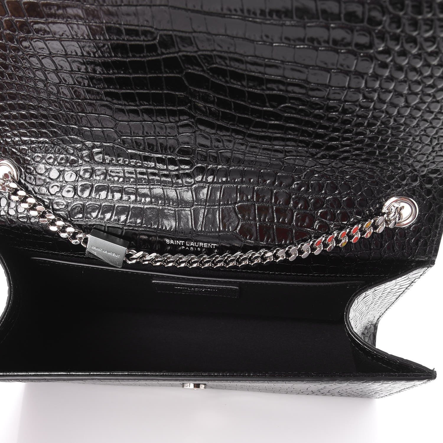 Saint Laurent Calfskin Crocodile Embossed Medium Classic Monogram Kate Tassel Satchel Black 5 of 6