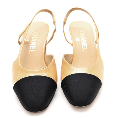 Chanel Lambskin Grosgrain Cap Toe CC Slingback Pumps 36 Beige Black 3 of 9