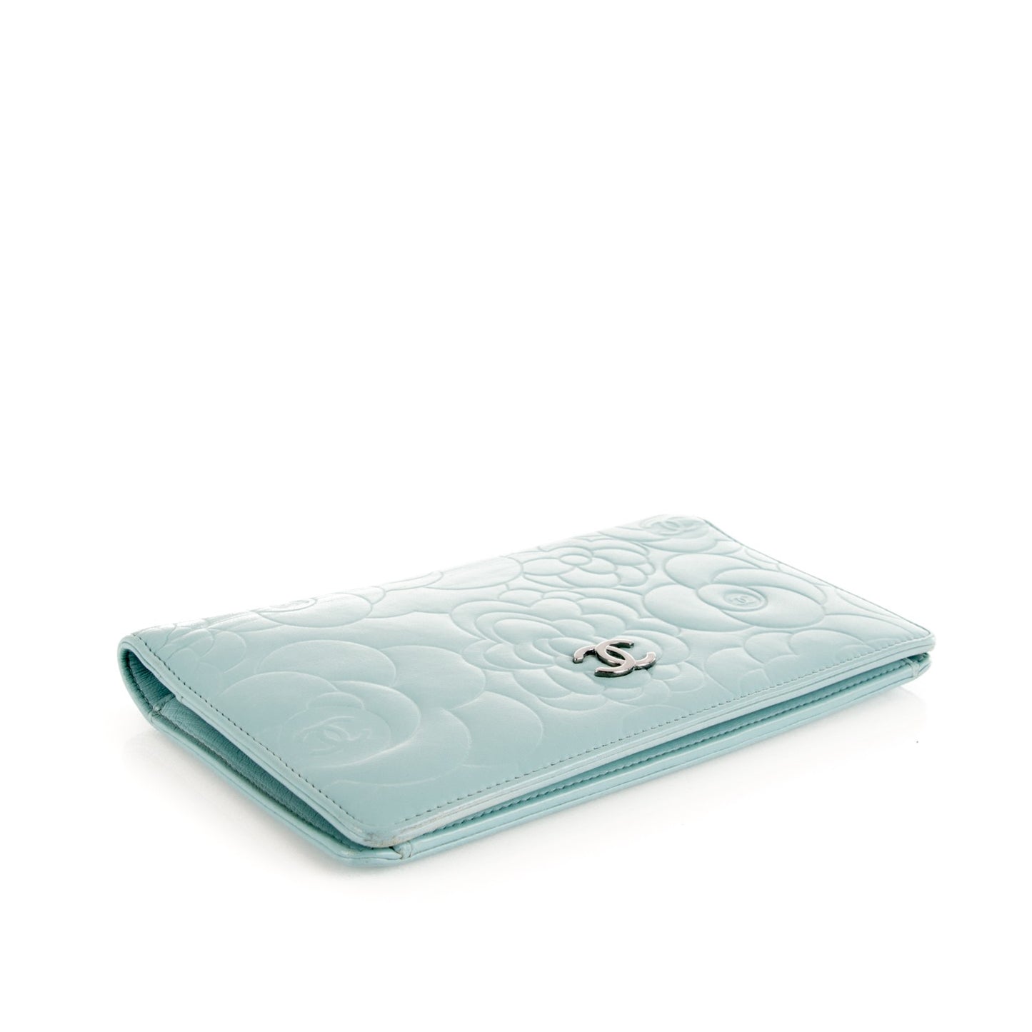 Lambskin Camellia Embossed Yen Wallet Light Blue