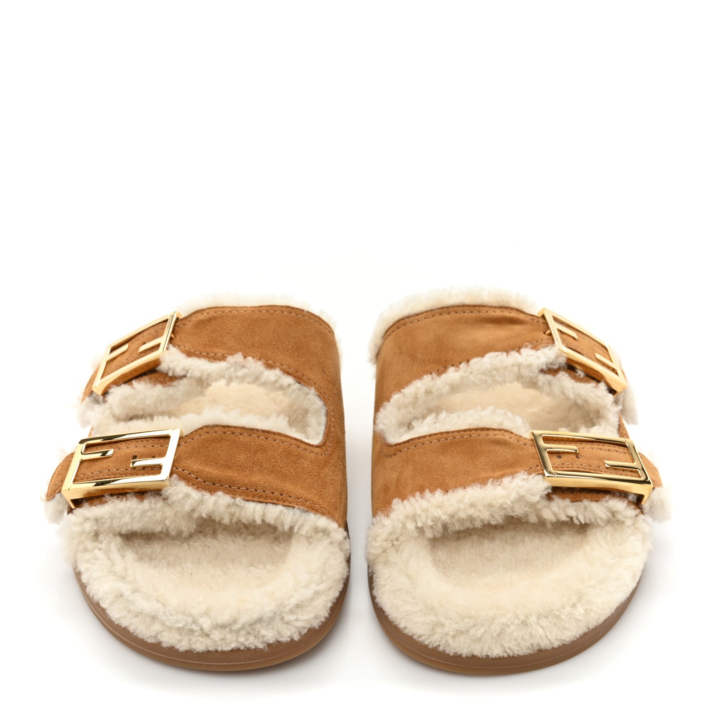 Suede Shearling Fendi Feel Buckled Slide Sandals 39 Beige Latte