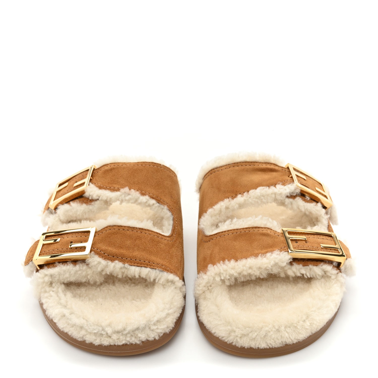 Fendi Suede Shearling Fendi Feel Buckled Slide Sandals 39 Beige Latte 2 of 7