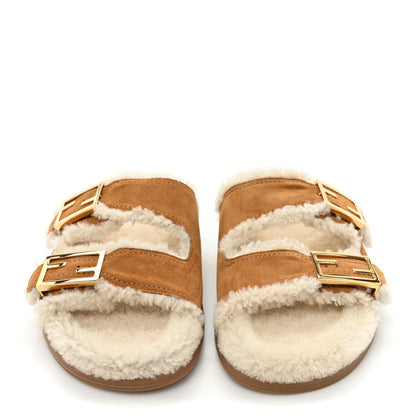 Fendi Suede Shearling Fendi Feel Buckled Slide Sandals 39 Beige Latte 2 of 7