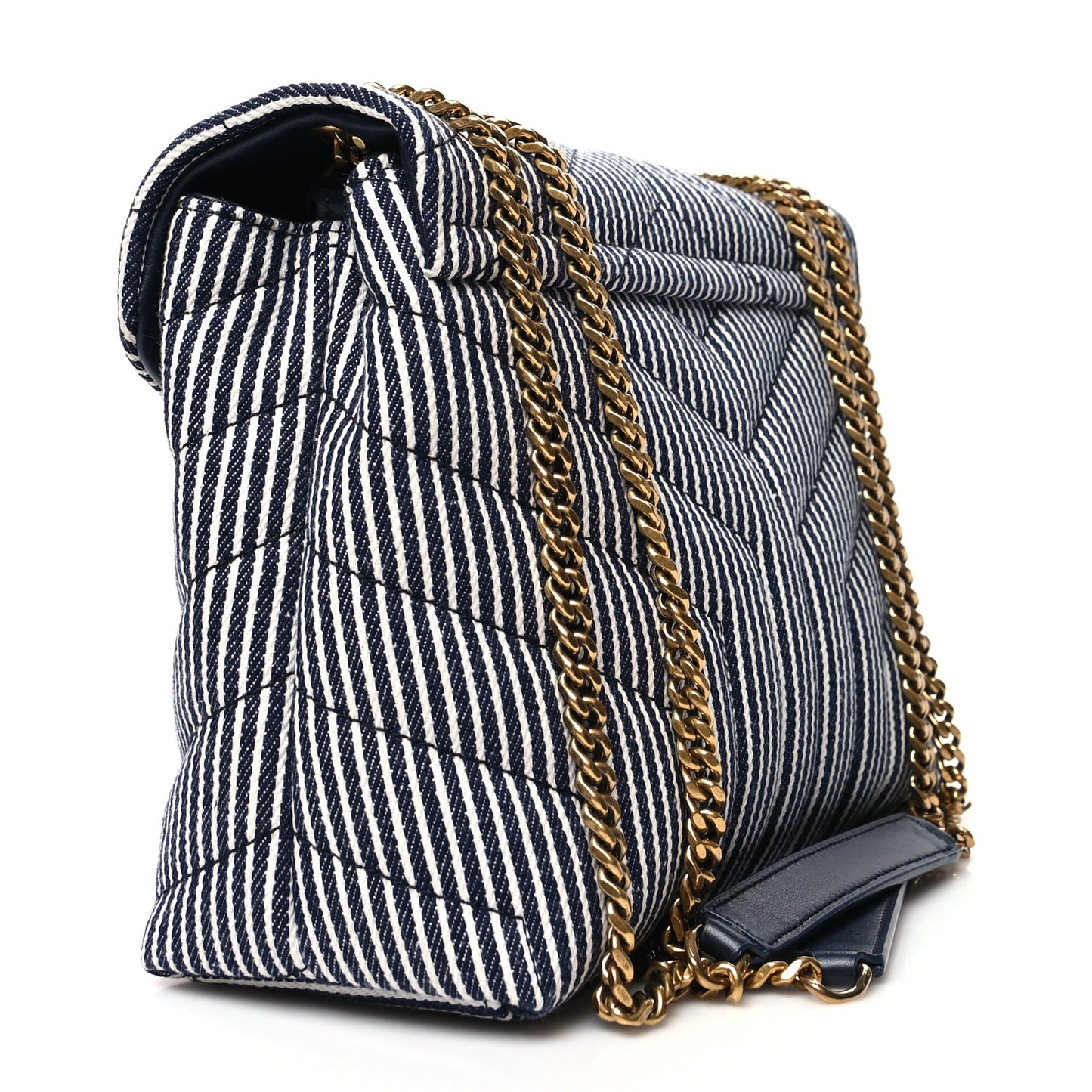 Striped Denim Y Quilted Monogram Small Loulou Chain Satchel Marine Vintage White