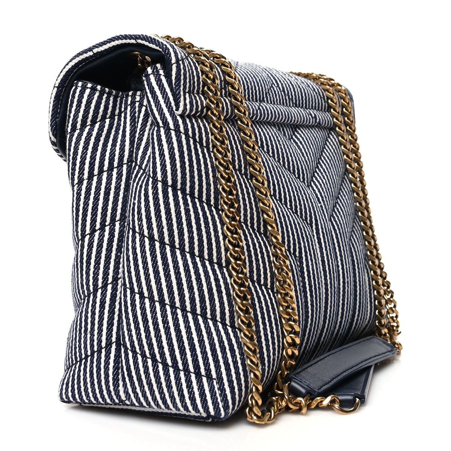 Saint Laurent Striped Denim Y Quilted Monogram Small Loulou Chain Satchel Marine Vintage White 3 of 12
