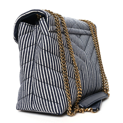 Saint Laurent Striped Denim Y Quilted Monogram Small Loulou Chain Satchel Marine Vintage White 3 of 12
