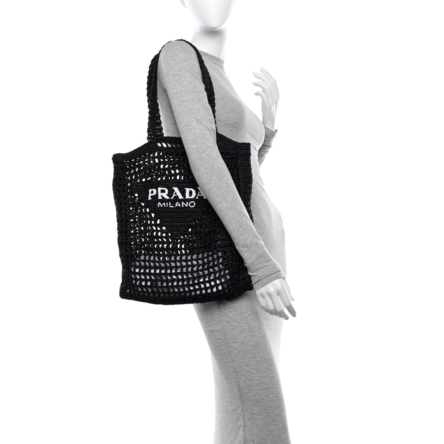 Yarn Raffia Effect Crochet Logo Embroidered Tote Bag Black