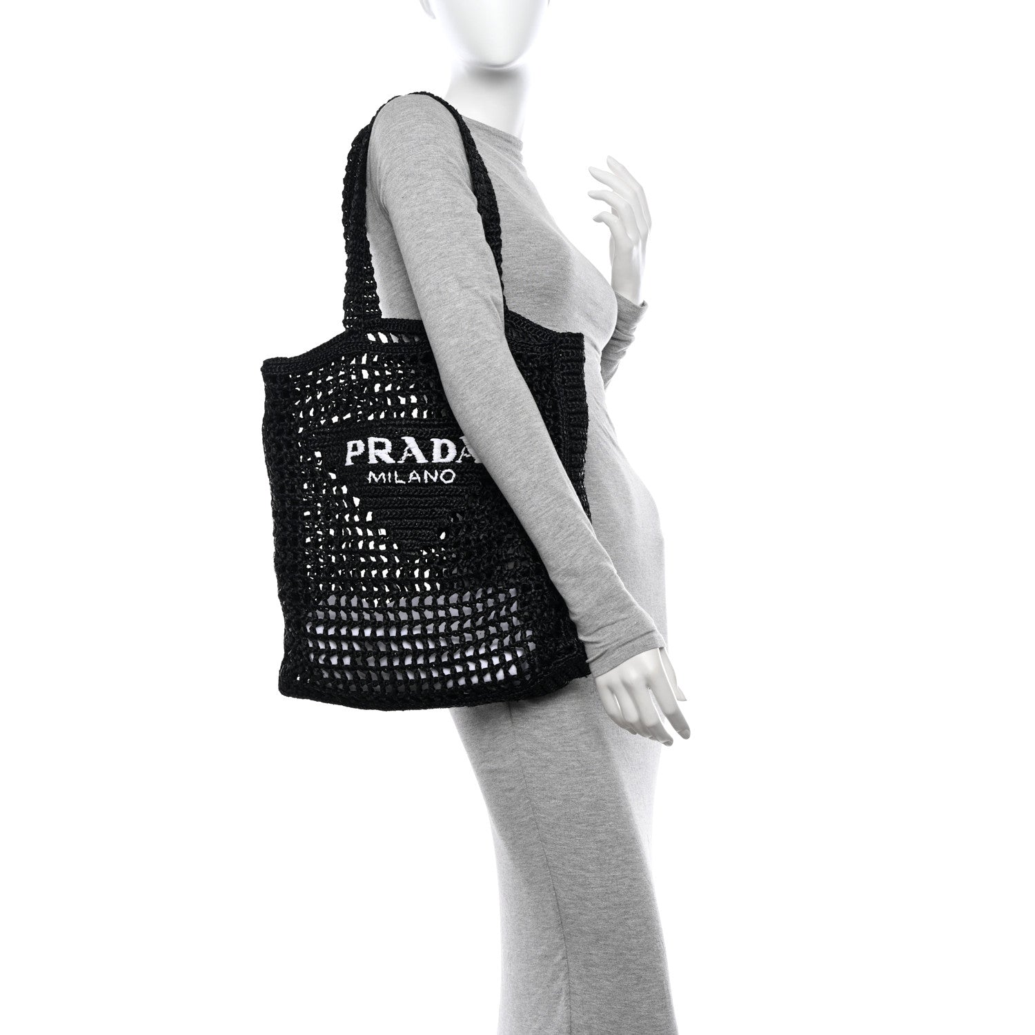 Prada Yarn Raffia Effect Crochet Logo Embroidered Tote Bag Black 2 of 9