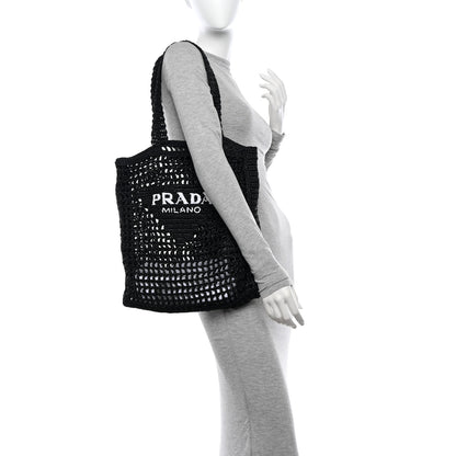 Prada Yarn Raffia Effect Crochet Logo Embroidered Tote Bag Black 2 of 9