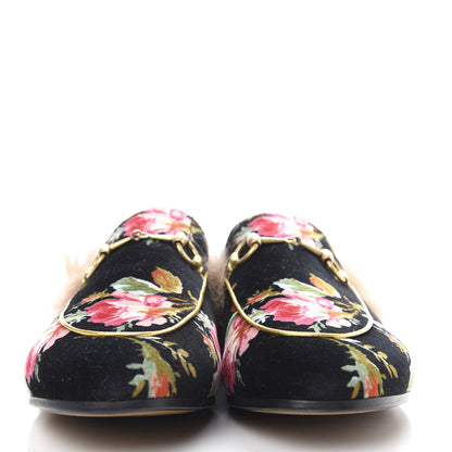 Gucci Velvet Fur Floral Womens Princetown Slippers 39.5 Black 2 of 9