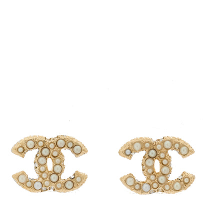 Chanel Metal Graduated Pearl Crystal CC Earrings Light Gold 1 of 5
