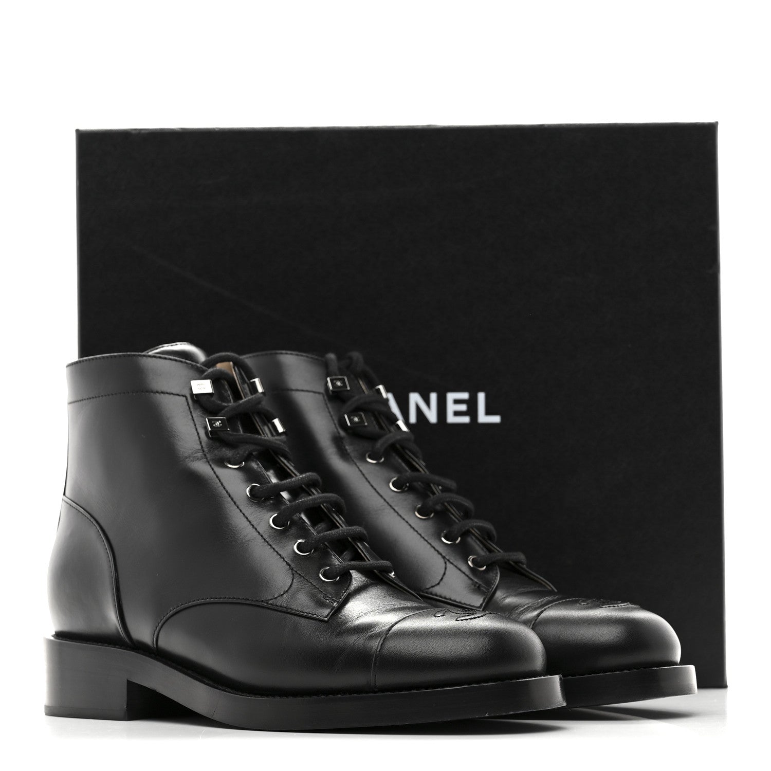 Chanel Calfskin Lace Up CC Combat Boots 40 Black 10 of 10
