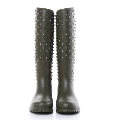 Saint Laurent Rubber Studded Festival Rain Boots 37 New Kaki Fonce 2 of 9