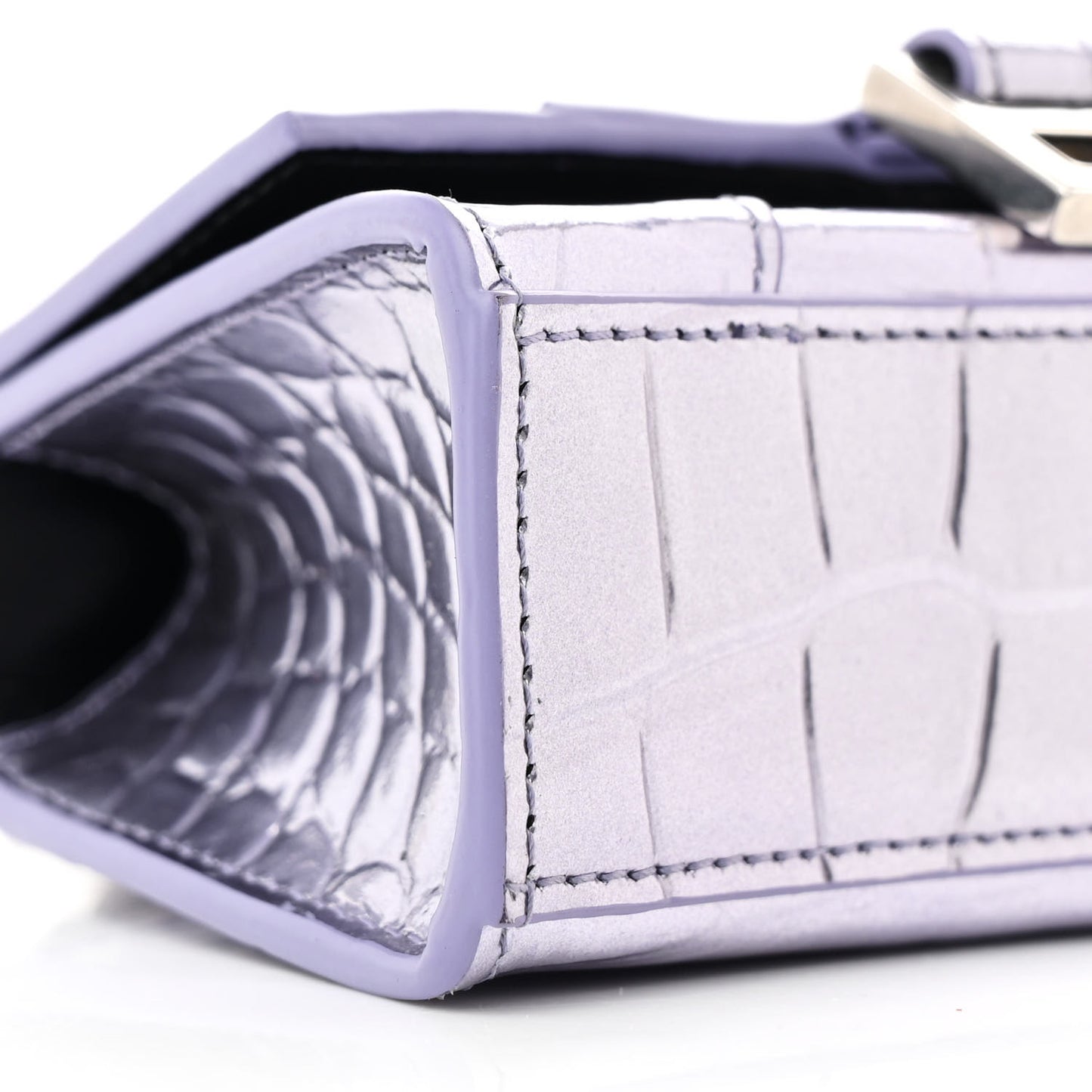 Metallic Calfskin Crocodile Embossed Hourglass Top Handle Bag Mini with Chain Lilac