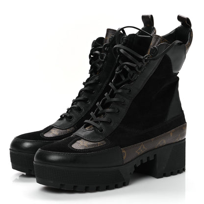 Louis Vuitton Suede Calfskin Crocodile Embossed Patent Monogram Laureate Platform Desert Boots 41 Black 4 of 8