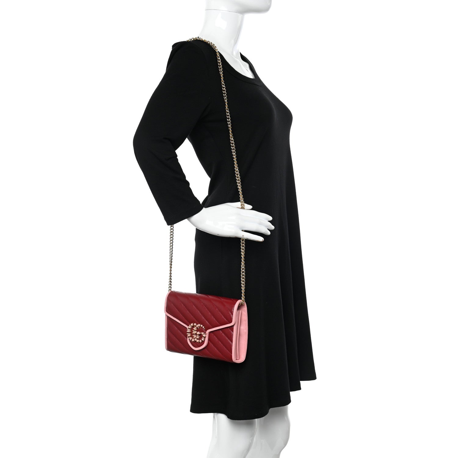 Gucci Azalea Calfskin Enamel Matelasse Diagonal Torchon GG Marmont Chain Wallet New Cherry Red Wild Rose 3 of 14