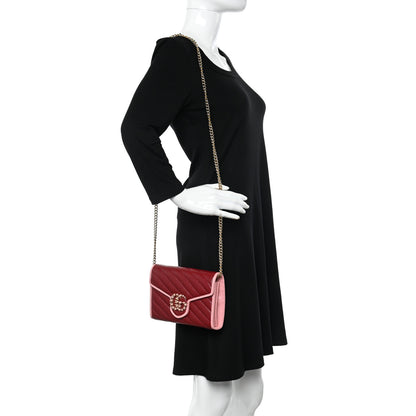 Gucci Azalea Calfskin Enamel Matelasse Diagonal Torchon GG Marmont Chain Wallet New Cherry Red Wild Rose 3 of 14