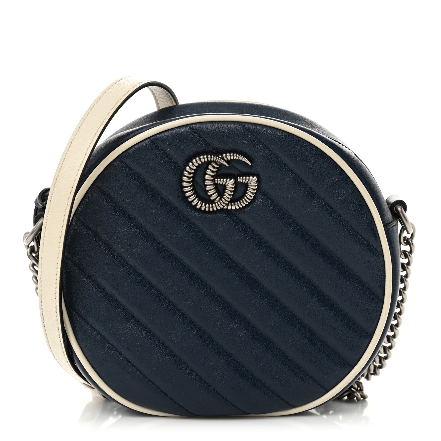 Gucci Azalea Calfskin Matelasse Diagonal Mini Torchon GG Marmont Round Shoulder Bag Blue Agata Mystic White 1 of 10