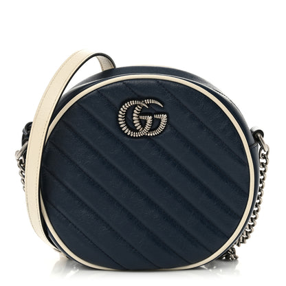 Gucci Azalea Calfskin Matelasse Diagonal Mini Torchon GG Marmont Round Shoulder Bag Blue Agata Mystic White 1 of 10