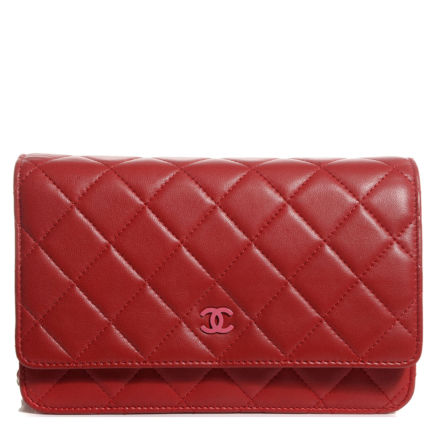 Chanel Lambskin Quilted Wallet On Chain WOC Red Pink 1 of 9