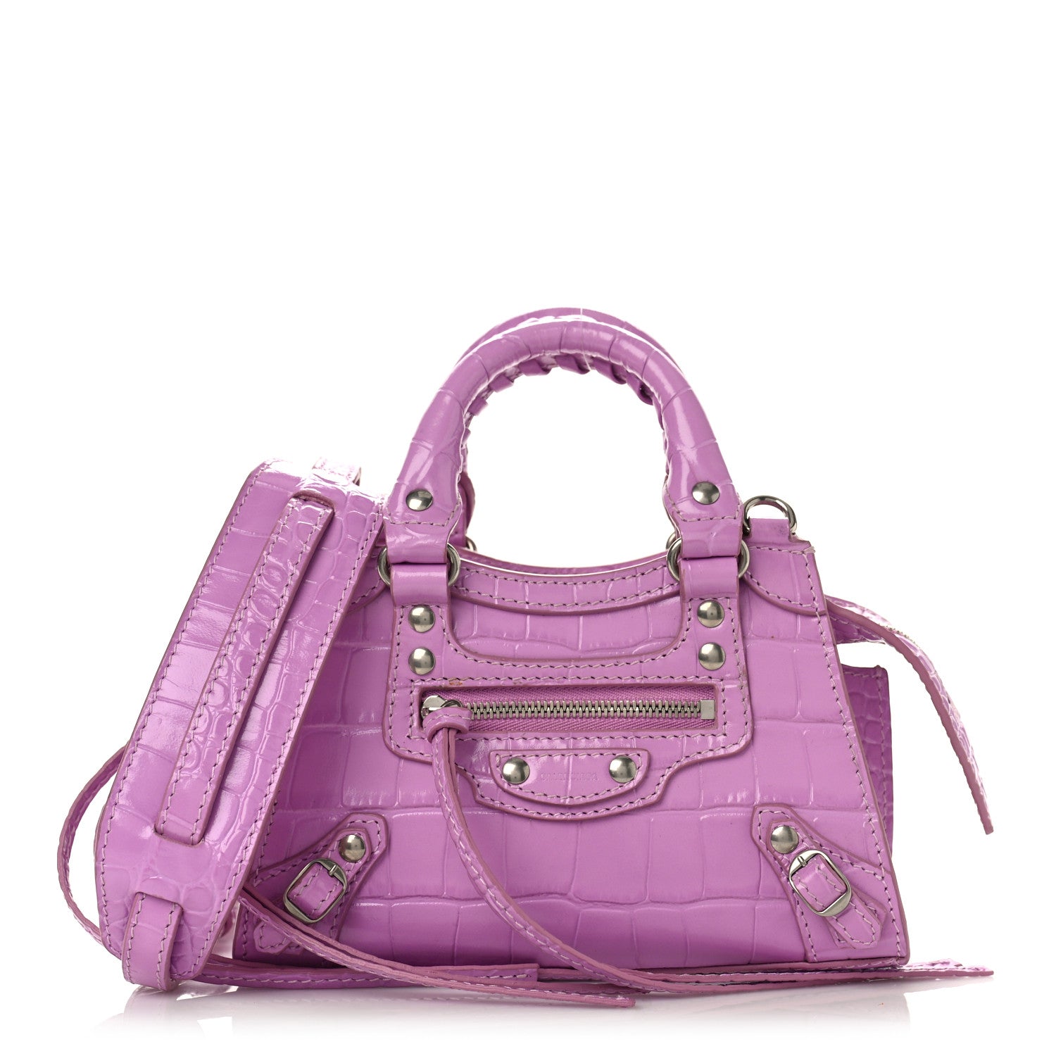 Balenciaga Calfskin Crocodile Embossed Neo Classic Silver Hardware Nano City Crossbody Lilac 1 of 8