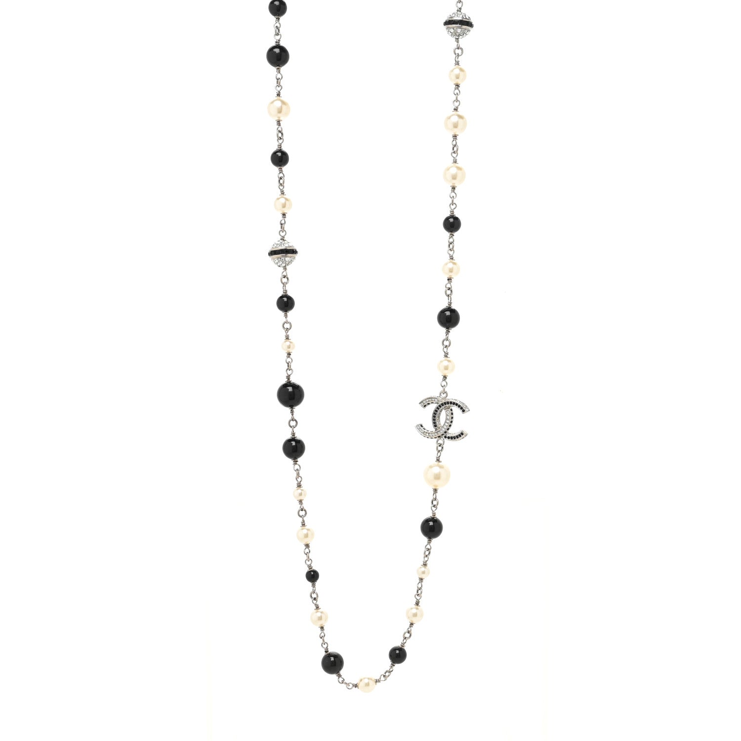 Chanel Metal Pearl Crystal Bead CC Long Necklace Silver Black 1 of 6