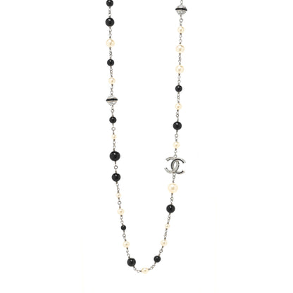 Chanel Metal Pearl Crystal Bead CC Long Necklace Silver Black 1 of 6