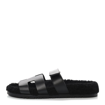 Hermes Calfskin Woolskin Womens Chypre Sandals 41 Black 1 of 10
