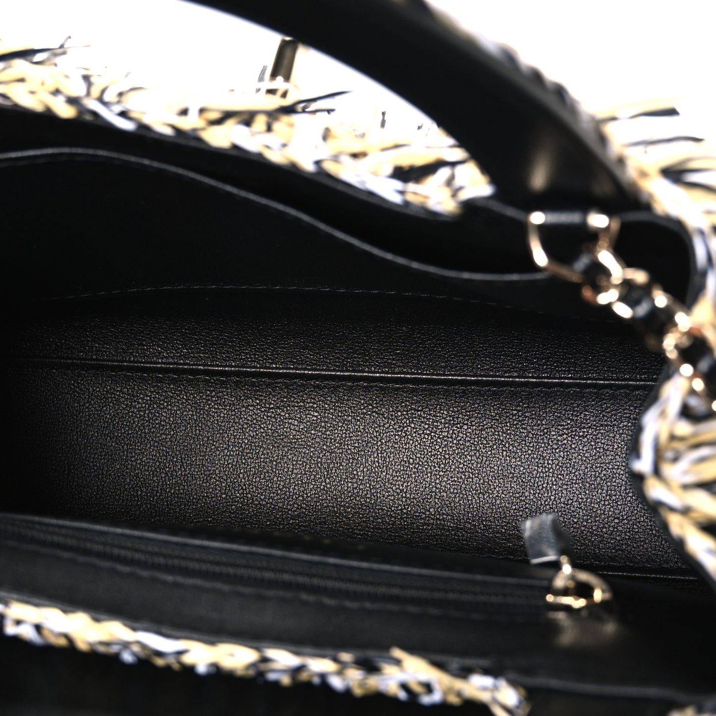 Raffia Fringe Nano Kelly Shopper Black White Beige
