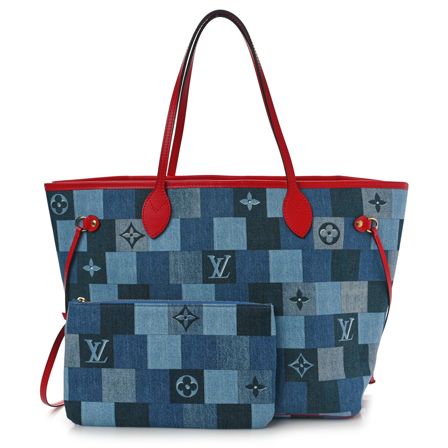 Denim Damier Monogram Patchwork Neverfull Blue Rouge