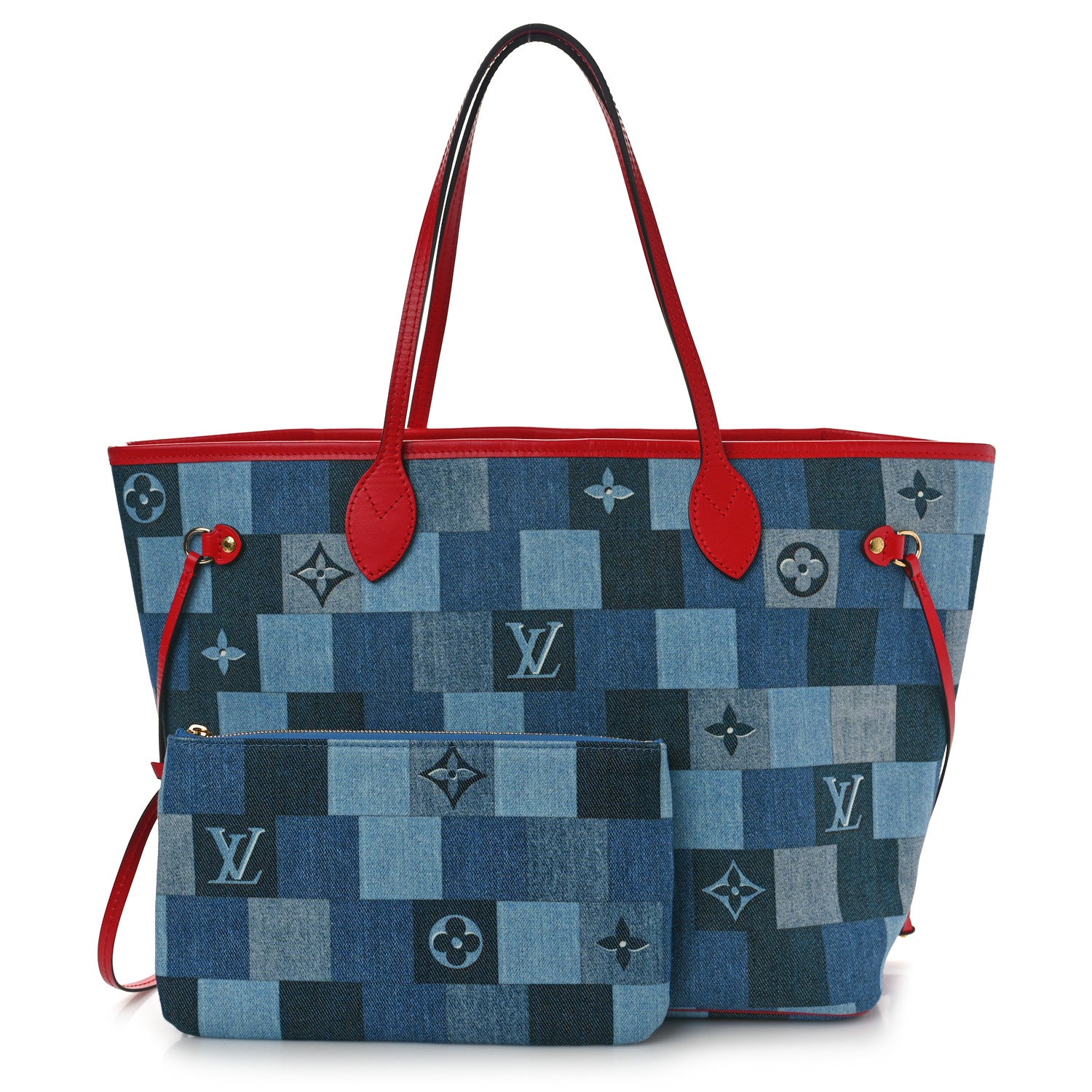 Louis Vuitton Denim Damier Monogram Patchwork Neverfull Blue Rouge 3 of 10