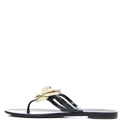 Chanel Jelly Camellia Thong Sandals 39 Black Ivory 1 of 7