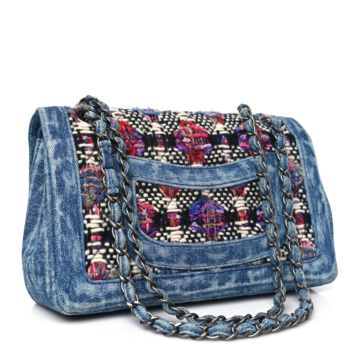 Chanel Denim Tweed Quilted Medium Double Flap Blue 3 of 9