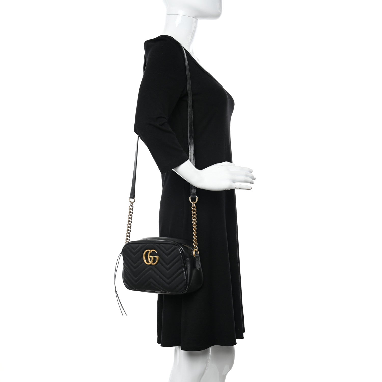 Gucci Calfskin Matelasse Small GG Marmont Chain Shoulder Bag Black 2 of 12